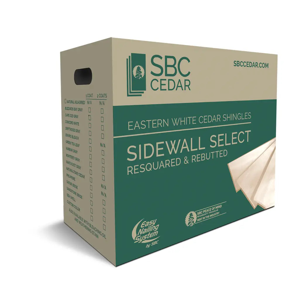 SBC Cedar packaging box for Eastern White Cedar Shingles on a white background