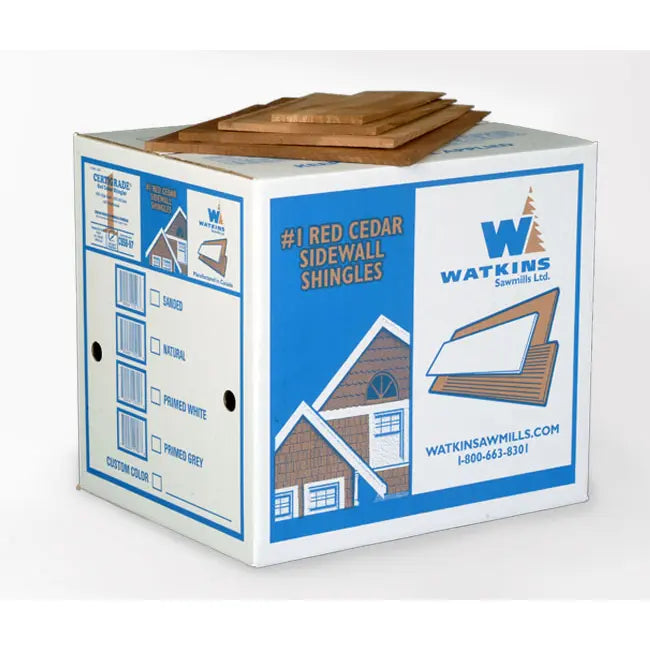 Box of Watkins Red Cedar Sidewall Shingles on a white background